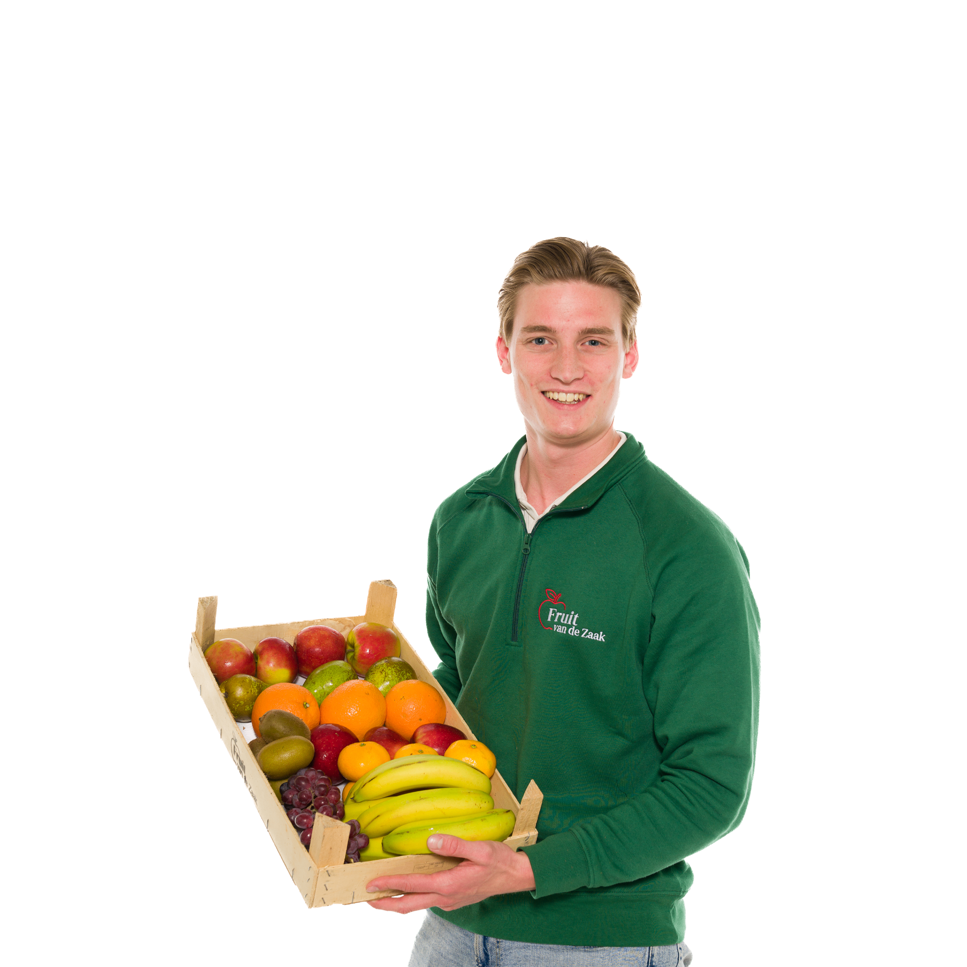Anthony van Os met krat vers fruit